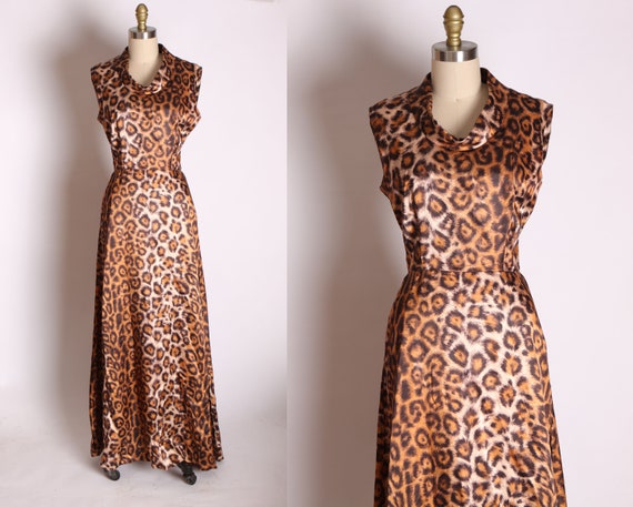 1960s Satin Leopard Print Sleeveless Floor Length