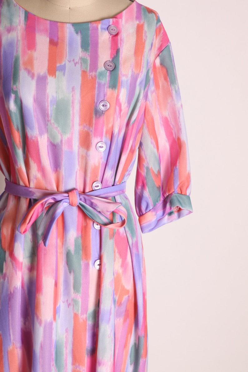 1970s Pink, Purple and Orange Half Sleeve Button Bodice Sheath Waist Tie Dress by A Nancy Frock image 5