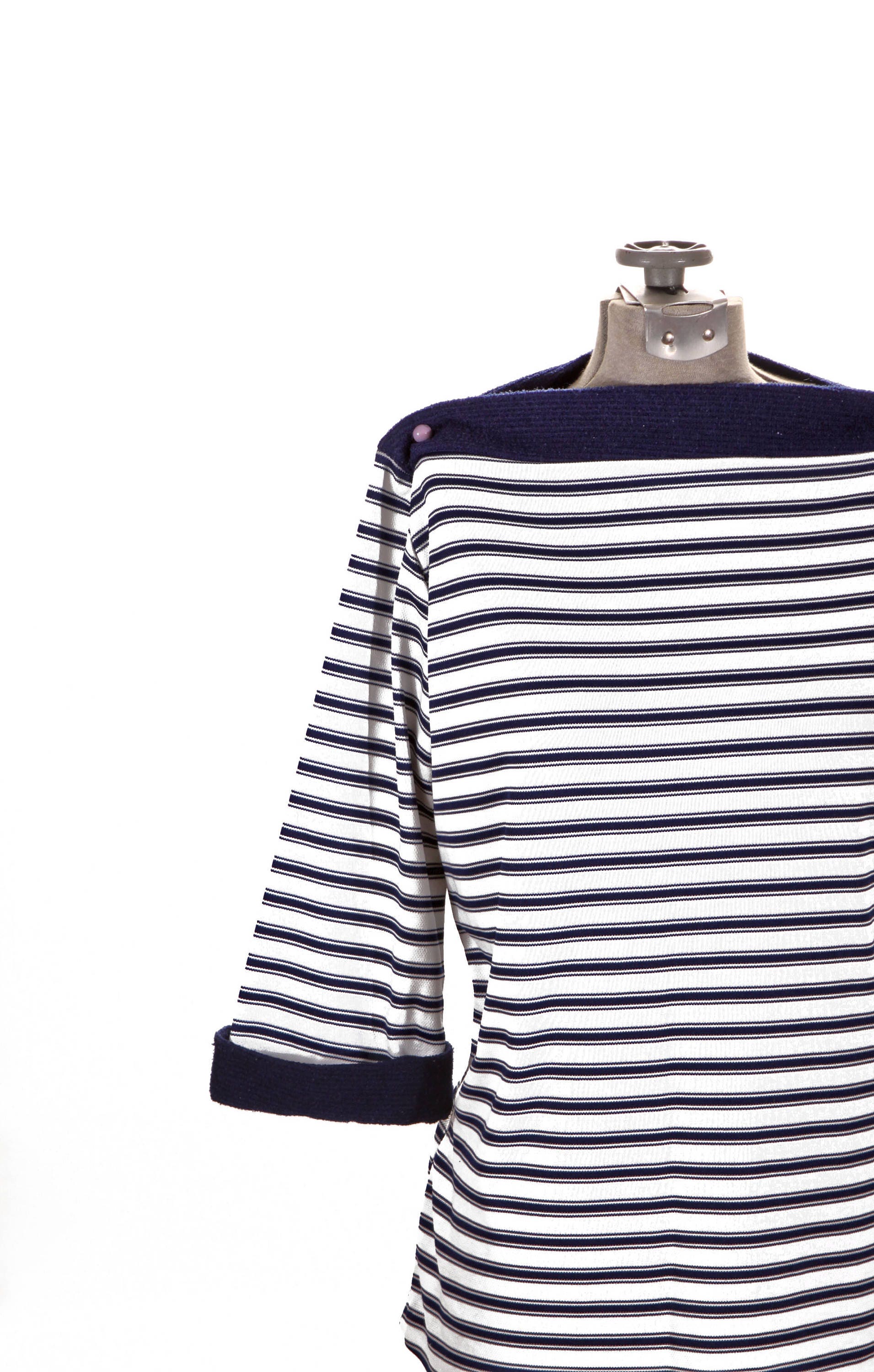 1960s Navy Blue and White Horizontal Stripes Boat Neck Wide Collar 3/4 ...