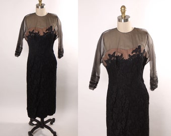 1950er Jahre schwarzes und beiges Illusions-Couture-Kleid mit transparentem schwarzen Mieder und Mesh-Overlay mit 3/4-Ärmeln von Peggy Hunt – M