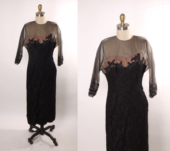 1950s Black and Beige Illusion Sheer Black Bodice Mesh Overlay 3/4 Length Sleeve Couture Dress by Peggy Hunt -M