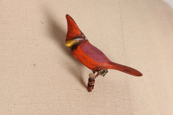 1940s Novelty Hand Carved Wooden Cardinal Bird Tak