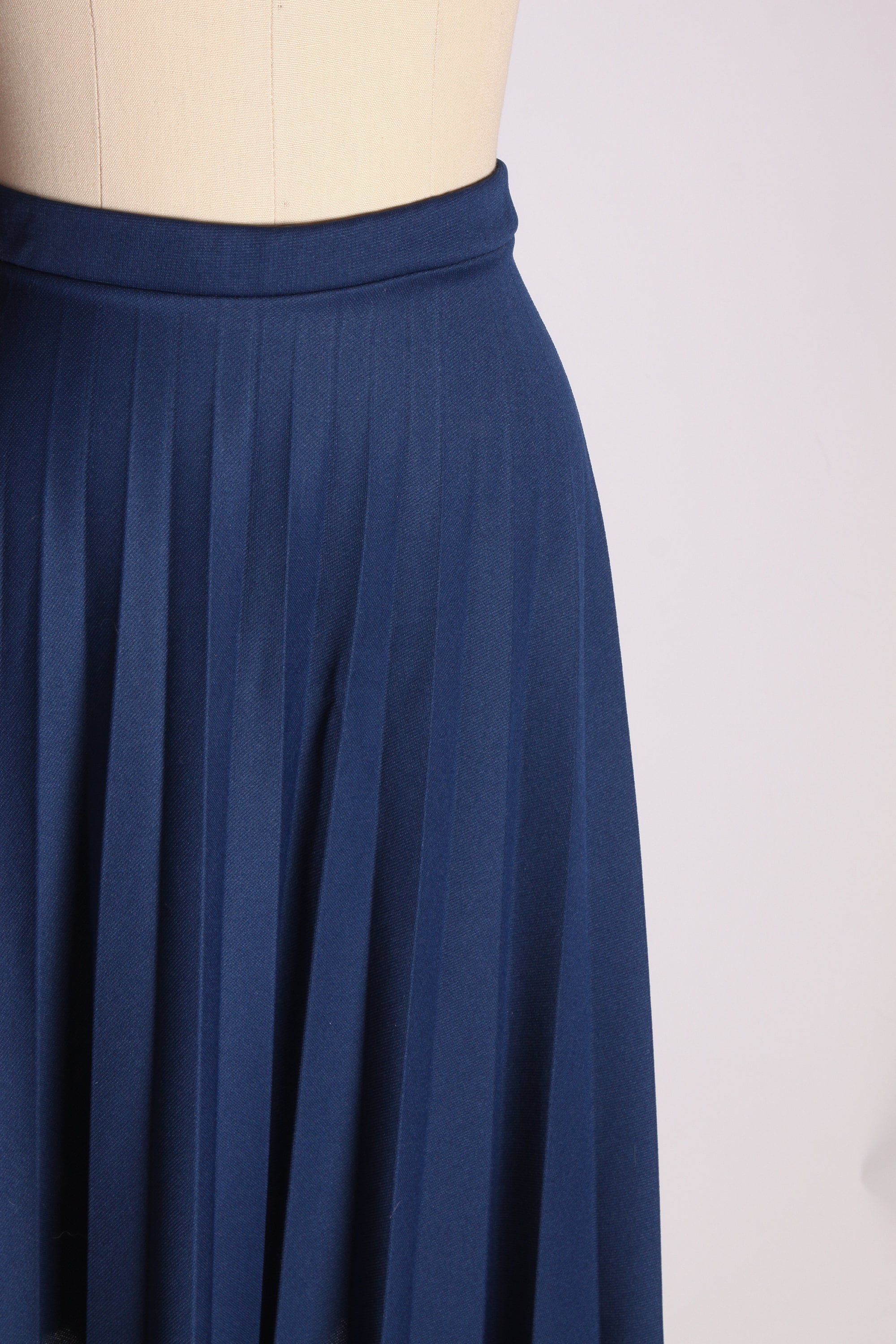 1970s Navy Blue Polyester Knee Length Pleated Skirt by Random ...