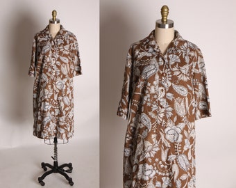 Late 1960s Early 1970s Brown, Black and White Half Sleeve Button Down Front Paisley Pattern Dress by Lady Manhattan -XL