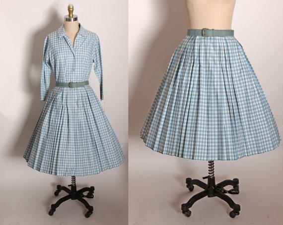 1950s Blue and White Gingham 3/4 Length Sleeve Button Up Blouse with Matching Fit and Flare Pleated Skirt Two Piece Outfit by Majestic -S