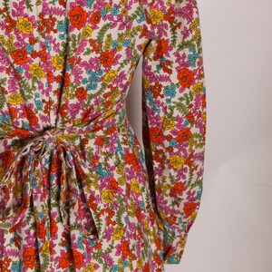 1970s Pink, Red and Blue Floral Flower Power 3/4 Length Sleeve Prairie Cottagecore Dress M image 10