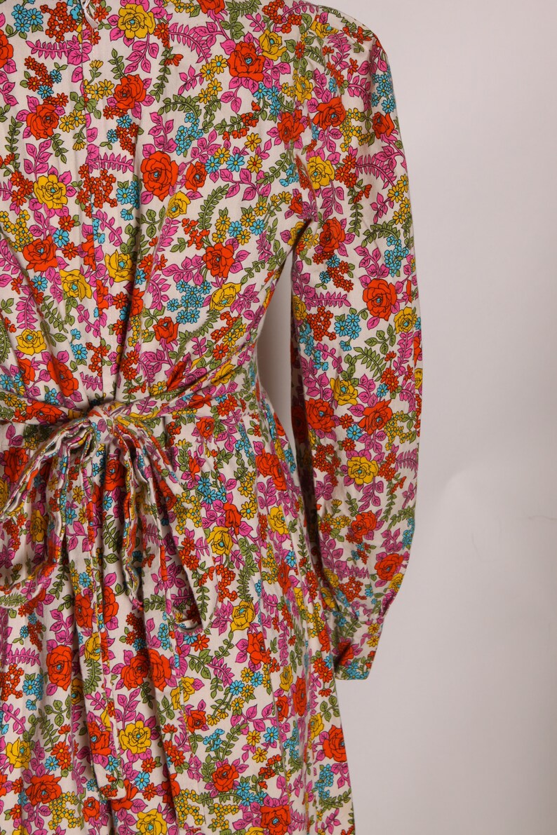 1970s Pink, Red and Blue Floral Flower Power 3/4 Length Sleeve Prairie Cottagecore Dress M image 10