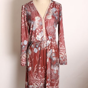 1970s Burgundy, Cream and Blue Fall Foliage Floral Flower Print Long Sleeve Dress L image 2