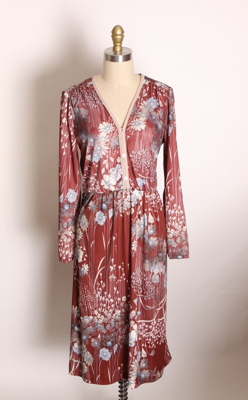 1970s Burgundy, Cream and Blue Fall Foliage Floral Flower Print Long Sleeve Dress L image 2