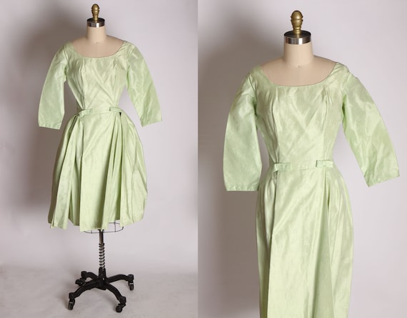 1950s Mint Green Taffeta Floral Print Brocade Dres