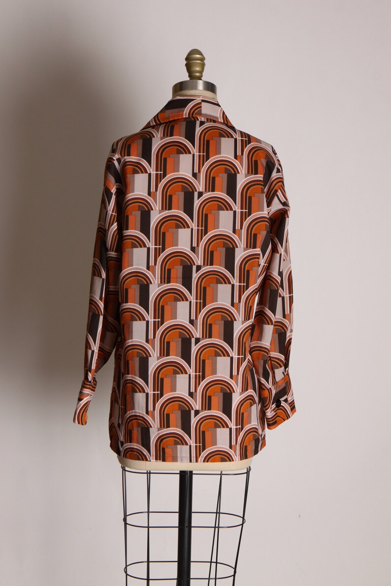 1970s Brown, Orange and Tan Mod Retro Long Sleeve Button Up Blouse L image 6