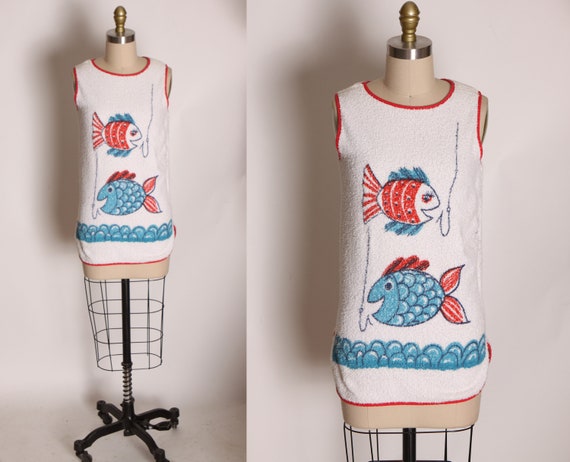 1960s White Sleeveless Novelty Fish Fishing Terry Cloth Top Swimsuit Cover Up -XS