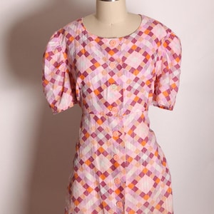 1970s Pink and Orange Geometric Square Puffy Short Sleeve Button Up Dress -L