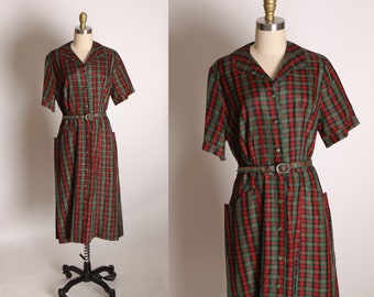 1940s Red and Green Plaid Holiday Short Sleeved Flared Dress -L