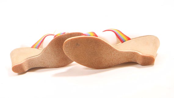 1970s 1980s Rainbow Strap Wedge High Heel Sandals by Kinney Shoes