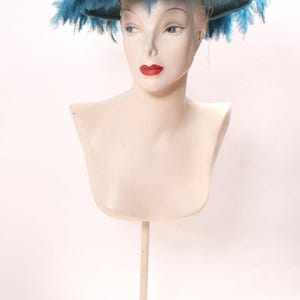 1960s Turquoise Blue Feather Saucer Mod Wide Brim Hat by Marche