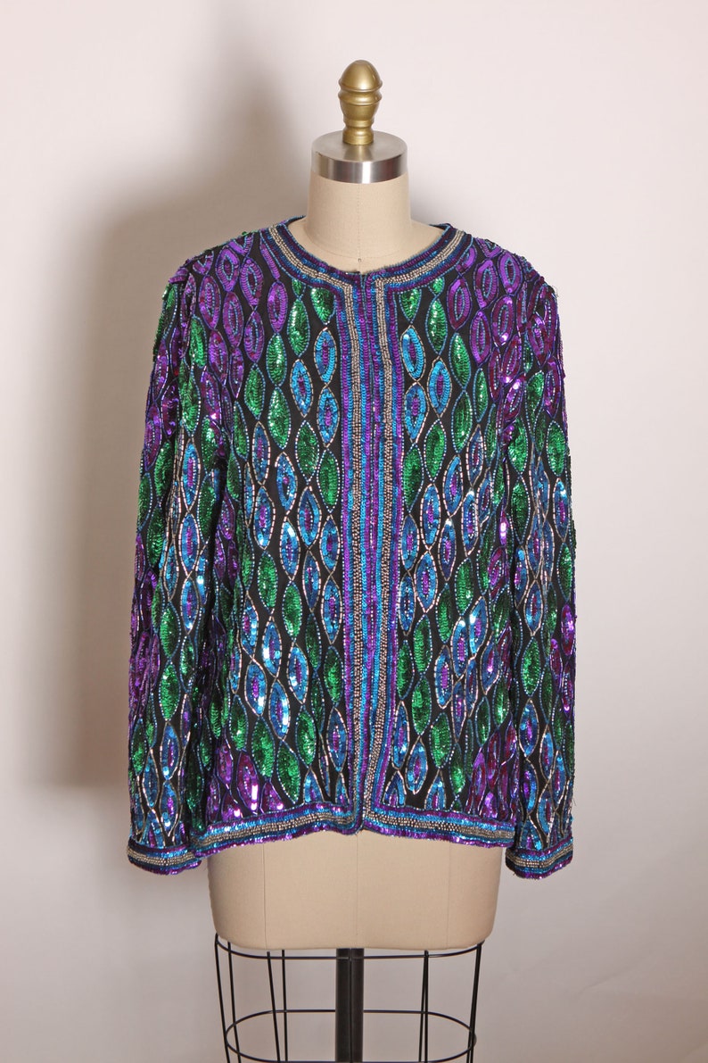 1980s Blue, Purple and Green Geometric Long Sleeve Beaded and Sequin Long Sleeve Cardigan Jacket Silk Jacket image 2