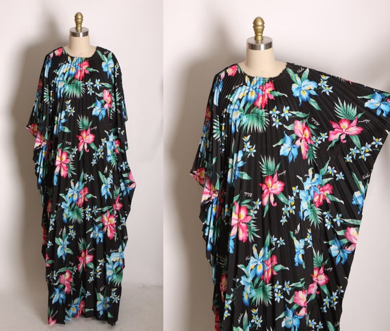 1980s Black, Blue, Green and Pink Floral Hawaii Hibiscus Flower Hawaiian Muu Muu Caftan Dress by Royal Creations