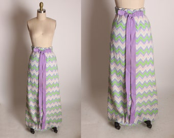 1960s Purple, Pink, Green and White Chevron Zig Zag Full Length Bow Ribbon Detail Elastic Waist Skirt -XS-S