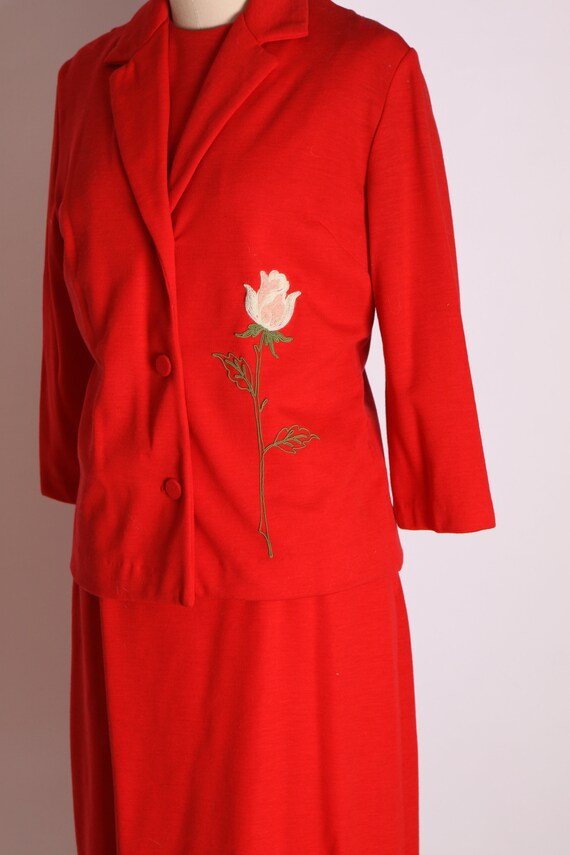 Late 1950s Cherry Red Embroidered Pink Rose Match… - image 2