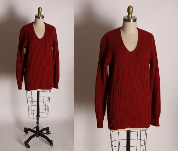 1960s Rust Dark Red Wool Knit Long Sleeve V Neck Pullover Sweater -L