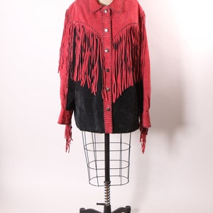 1980s Red and Black Suede Leather Fringe Long Sleeve Metal Snap Western Cowgirl Jacket Coat by Bob Mackie L image 2