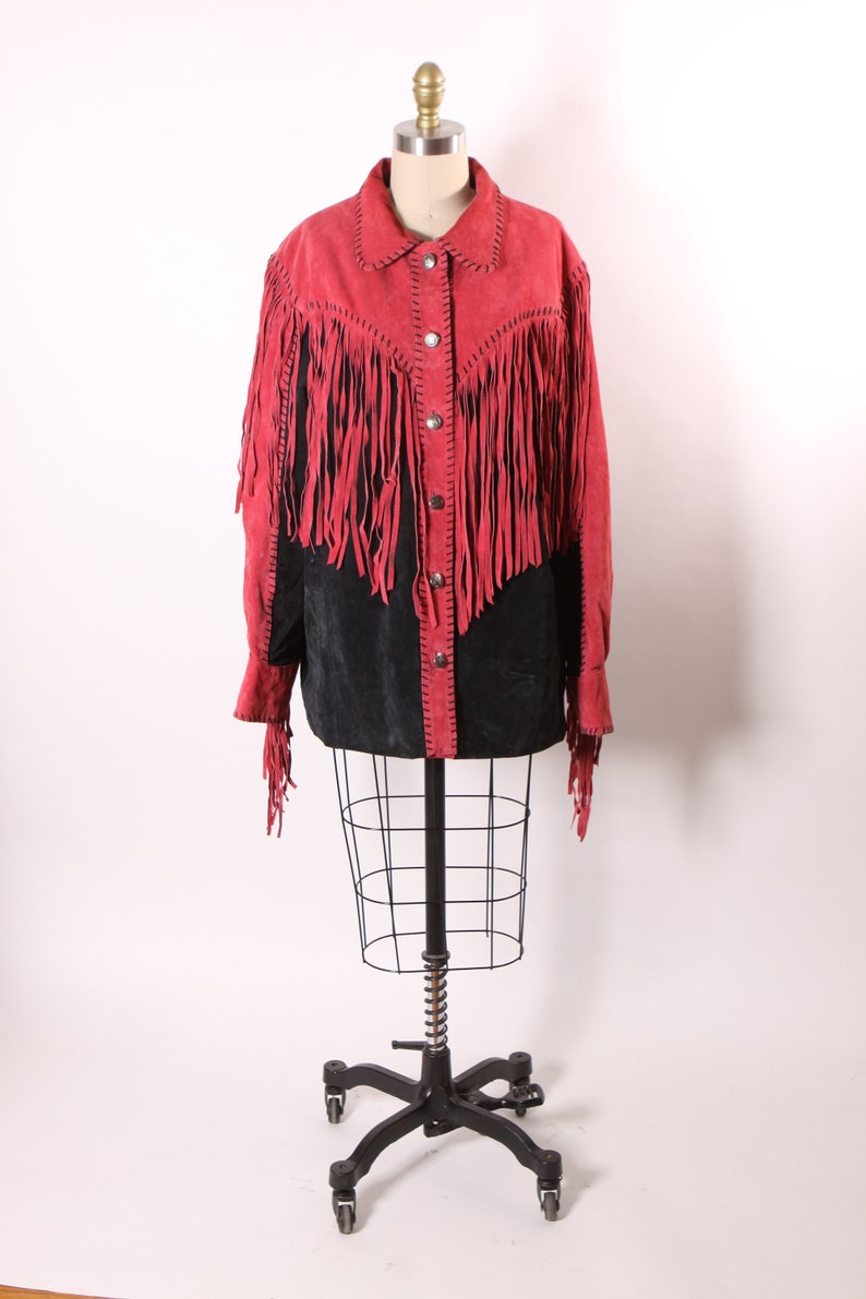 1980s Red and Black Suede Leather Fringe Long Sleeve Metal Snap Western Cowgirl Jacket Coat by Bob Mackie L image 2