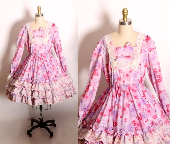 Late 1960s Early 1970s Pink and Purple Floral Long Sleeve Cream Lace Lolita Style Prairie Cottagecore Dress -L