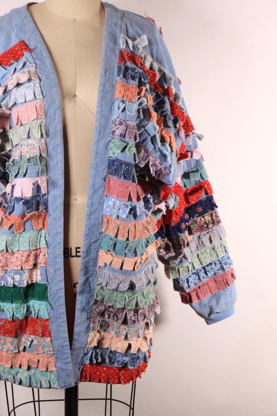 1980s Blue Chambray Multi-Colored Patchwork Quilt… - image 5