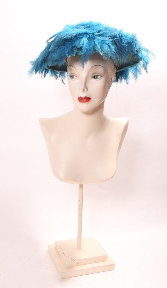1960s Turquoise Blue Feather Saucer Mod Wide Brim Hat by Marche