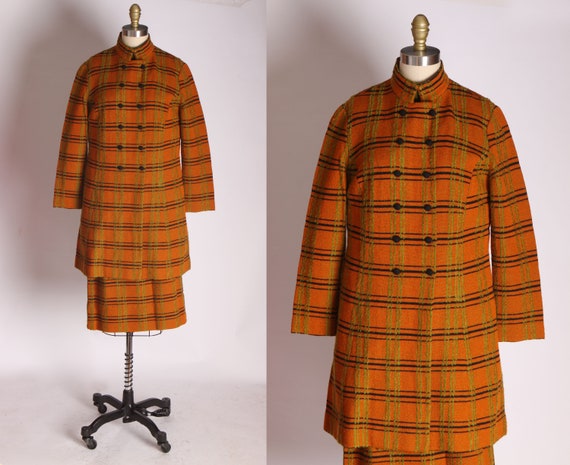 Early 1960s Orange Green Plaid Wool Button Down Jacket Green Turtleneck Sweater & High Waisted Plaid Skirt Three Piece Outfit by Cadillac -L