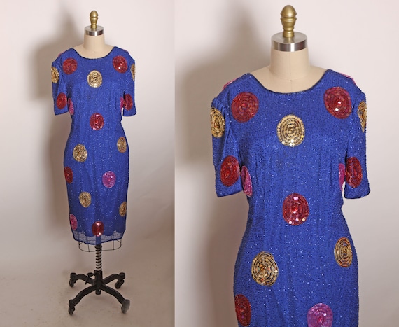 1980s Blue, Pink and Gold Oversized Circle Polka Dot Short Sleeve Formal Dress by Leslie Fay Evenings -M