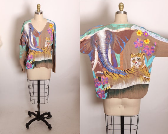 Late 1980s Early 1990s Beige Long Sleeve V Neck Pullover Hand Painted Novelty Jungle Safari Tiger, Elephant and Flower Sweater by Kolorway