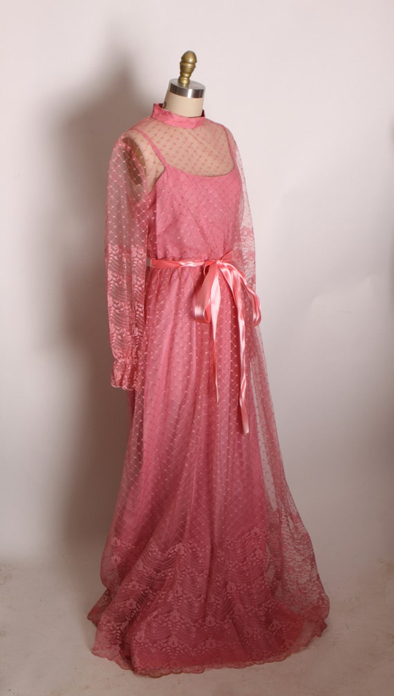 1970s Dusty Rose Pink Sheer Lace Long Sleeve Full… - image 6