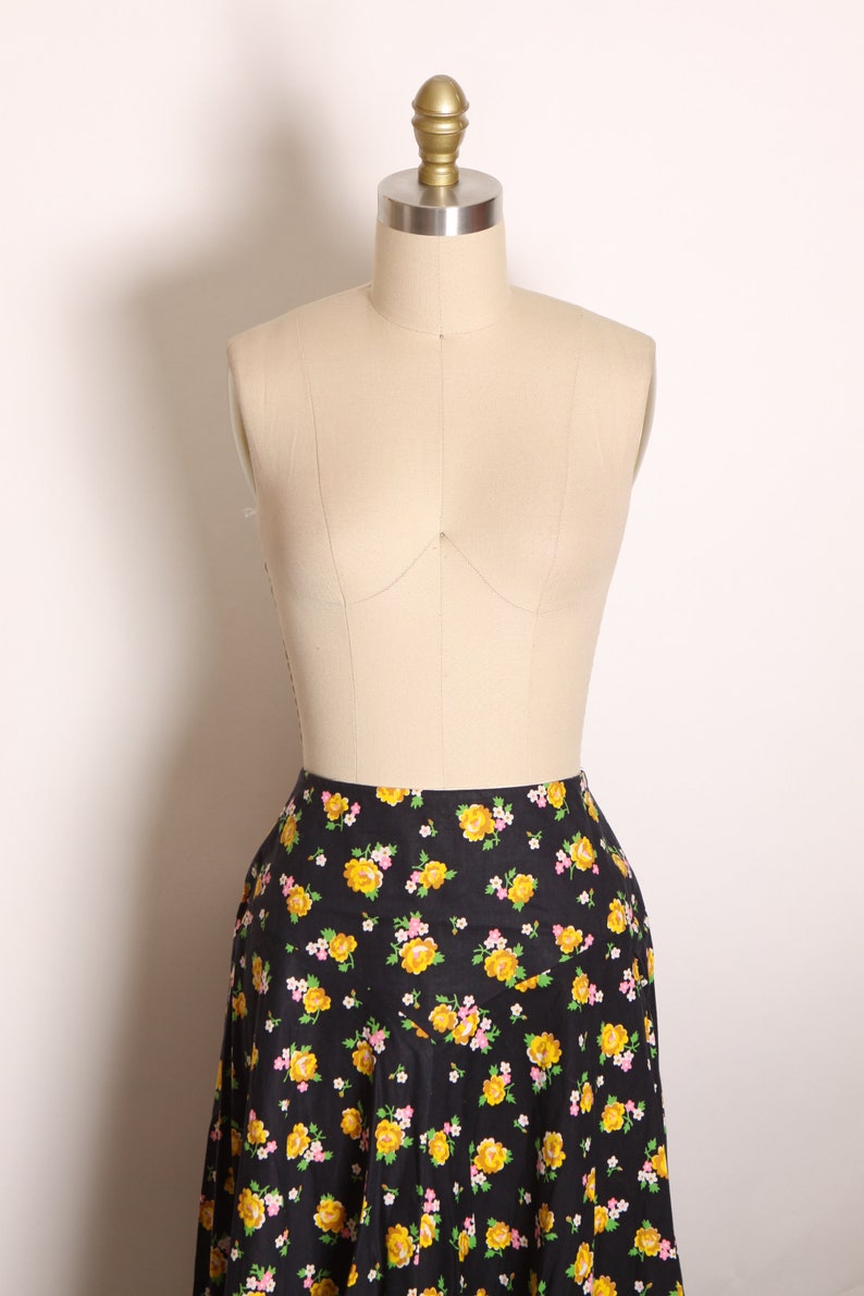 1970s Black, Yellow, Green and Pink Floral Full Length Prairie Cottagecore Skirt by Lanz Original M image 2