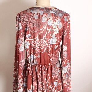 1970s Burgundy, Cream and Blue Fall Foliage Floral Flower Print Long Sleeve Dress L image 7