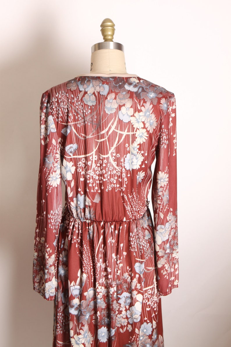 1970s Burgundy, Cream and Blue Fall Foliage Floral Flower Print Long Sleeve Dress L image 7