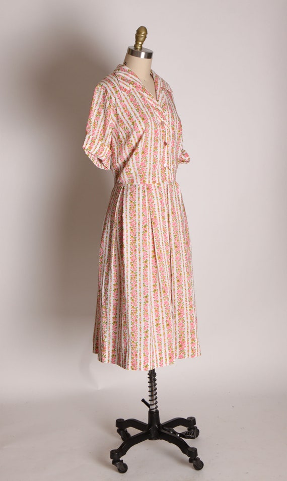 1950s Pink and White Floral Flower Print Striped … - image 5