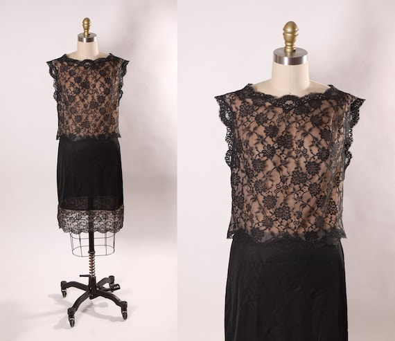 1950s Black and Nude Lace One Piece Lingerie Dress Slip by Gossard Artemis