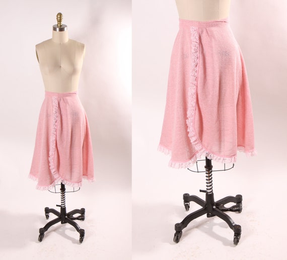 1970s Pink Ruffle Hem Lace Trim Ballet Style Wrap Skirt -S