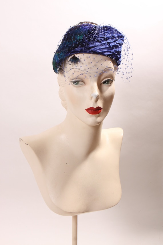 Deadstock 1950s 1960s Royal Blue Velvet and Peacock Feather Blue Veil Formal Hat by Chandra for Montaldo’s