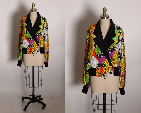 1980s Black, Yellow and Green Multi-Colored Long Sleeve Deep V Button Down Abstract Geometric Blouse by Caron -L