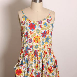 Late 1950s Early 1960s White, Red, Blue and Yellow Floral Flower Power Pocketed Dress -XS