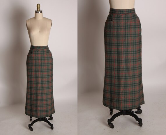 1960s Green, Red and Gray Plaid Kick Pleat Pencil… - image 1