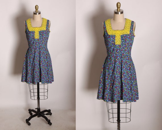 1960s Blue and Yellow Multi-Colored Sleeveless Floral Print Mini Dress -S