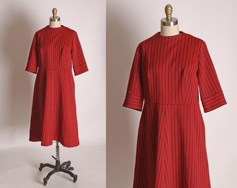 1960s Red and Black Textured Polyester Half Sleeve Flared Skirt Dress -XL