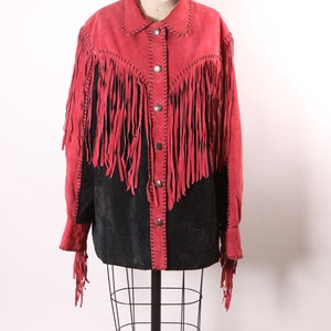 1980s Red and Black Suede Leather Fringe Long Sleeve Metal Snap Western Cowgirl Jacket Coat by Bob Mackie L image 3