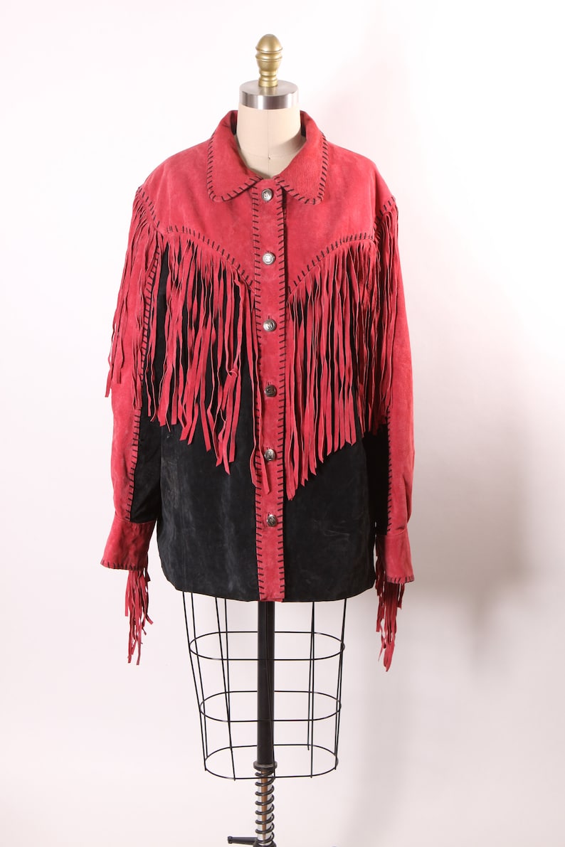 1980s Red and Black Suede Leather Fringe Long Sleeve Metal Snap Western Cowgirl Jacket Coat by Bob Mackie L image 3