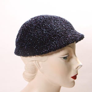 1950s 1960s Blue with Purple Cloche Bead Covered Formal Hat by Best & Co.