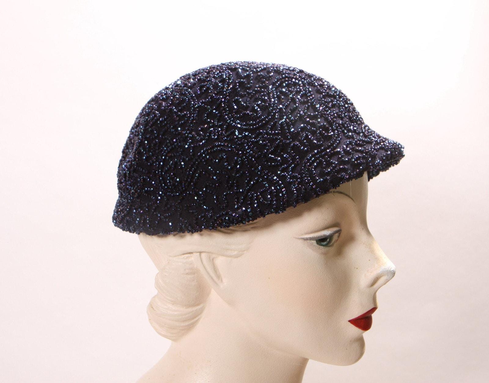 Vintage 1950s Beaded Hat Cream Blue Silver Sequin Cocktail Party Round Cap Vintage 1950s Beaded Hat Cream Blue Silver Sequin Cocktail  main image 2